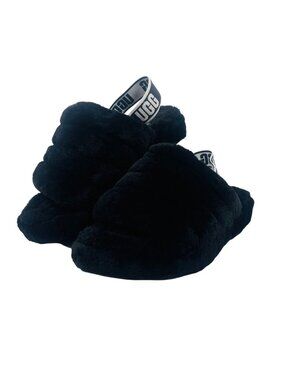 UGG Fluff Yeah Women's Slide Sandal UGG Logo Strap Size 9 Black White Slippers